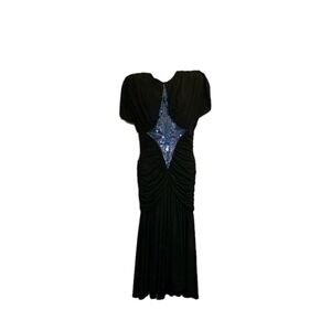 VTG 80s Casadei Black Beaded Dress 6 Draped Ruched Lace Evening Dynasty Era